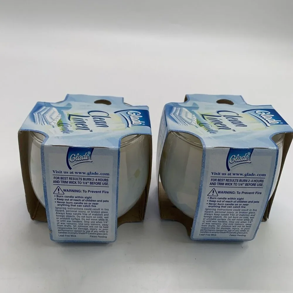 2 Glade CLEAN LINEN GLASS JAR CANDLES 4 Oz. Each Candle From Year 2004